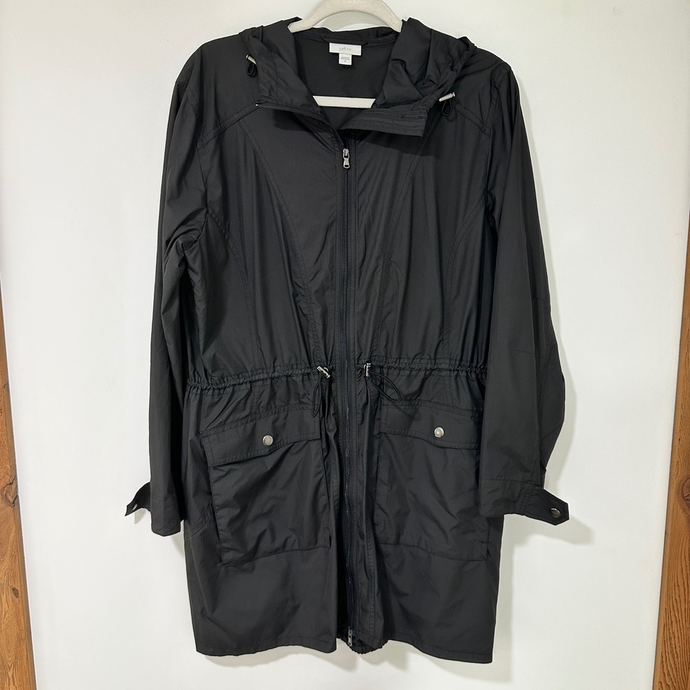J.Jill Fit Black Hooded Anorak Parka Jacket Drawstring Waist Women Size M Medium